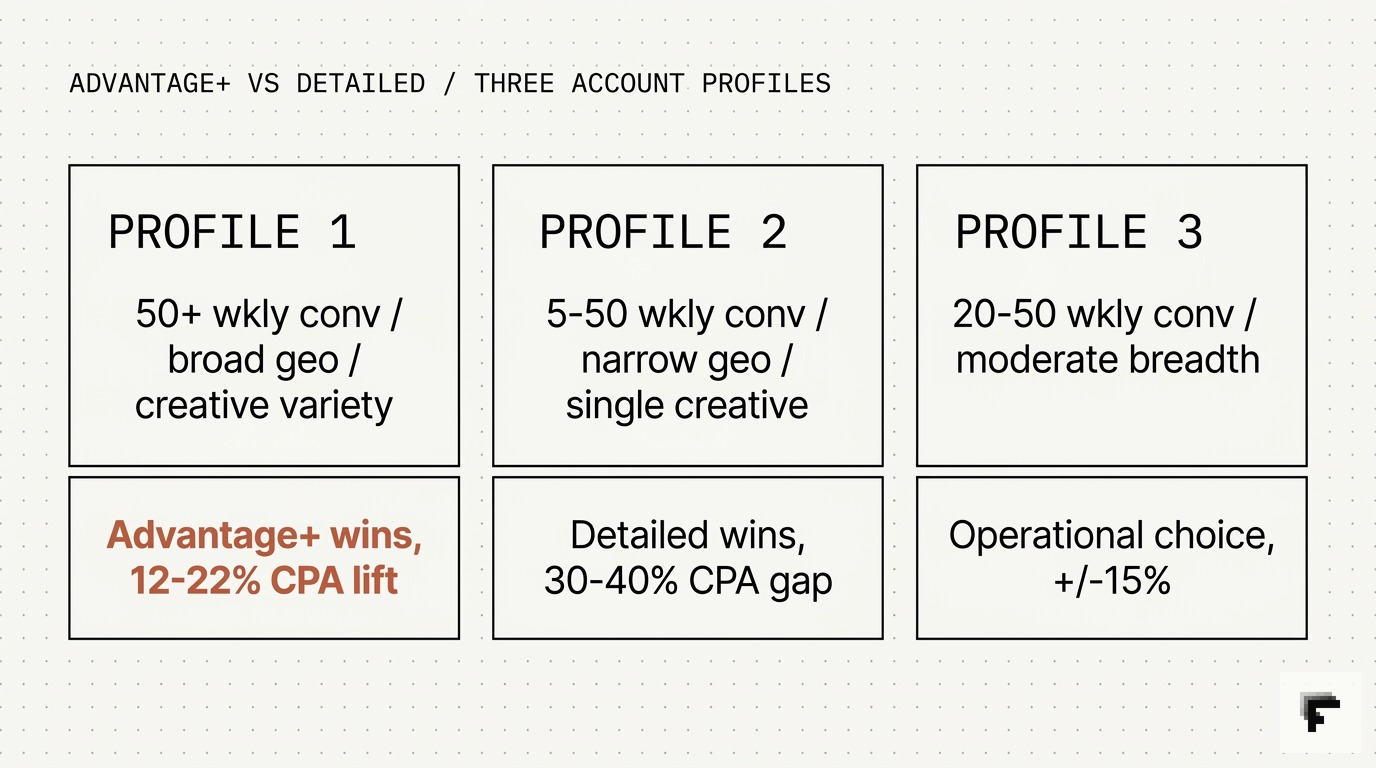 Three account profiles comparing Advantage+ vs Detailed Targeting: 50+ weekly conversions favours Advantage+, 5-50 narrow favours Detailed, middle profile trades leads.