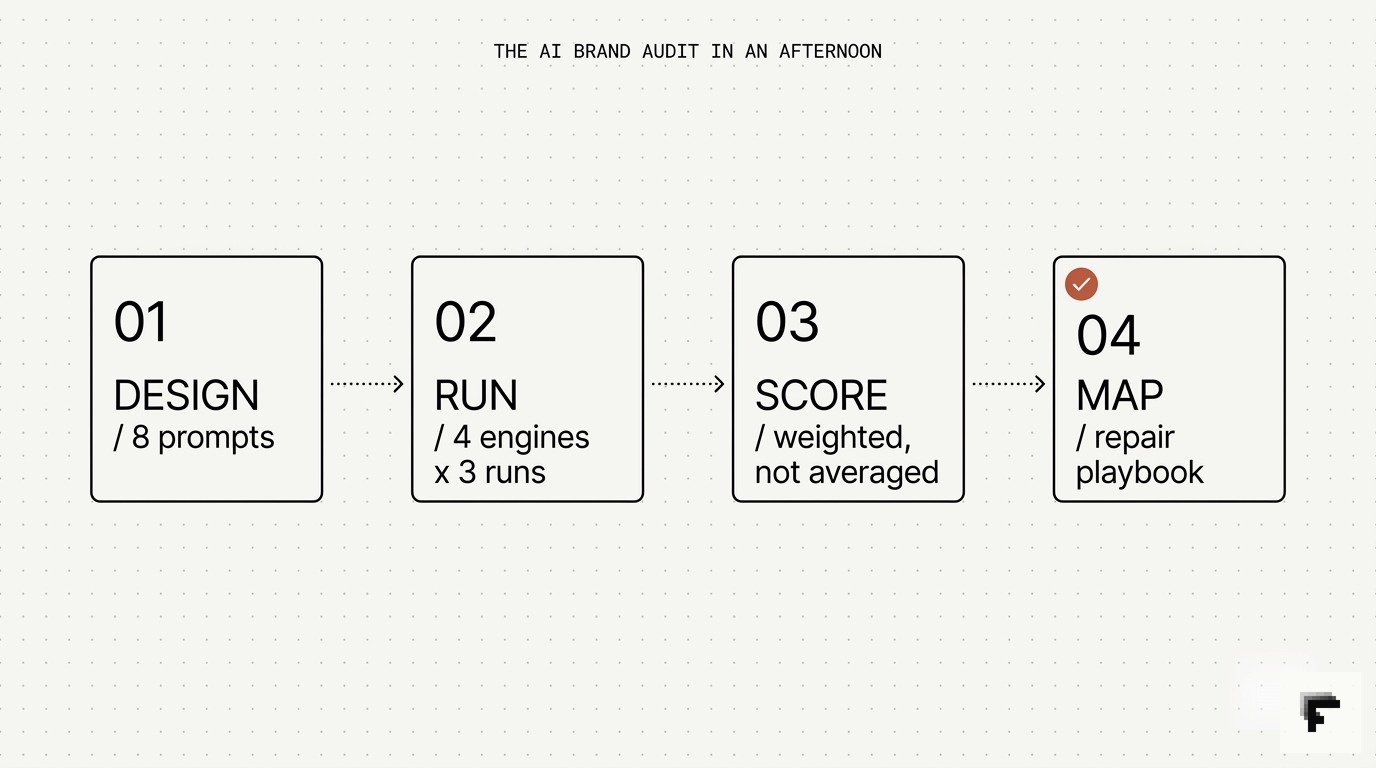 Four-step circular flow of an AI brand audit: design prompts, run across four engines, score against the right baseline, map to repair playbook.