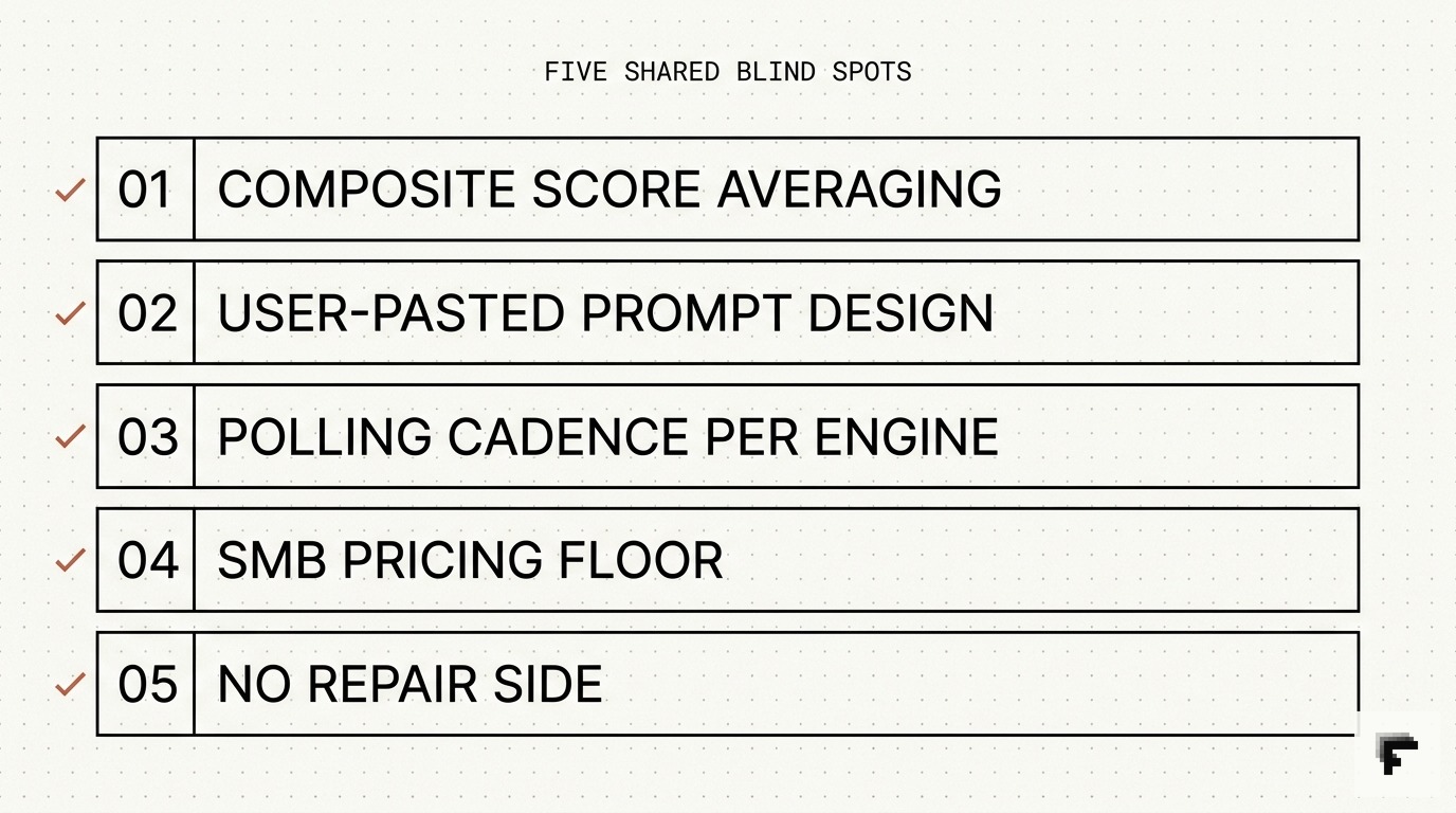 Schematic listing the five shared blind spots of GEO tracking tools: averaging, prompt design, recency weighting, SMB pricing, and the missing repair side.