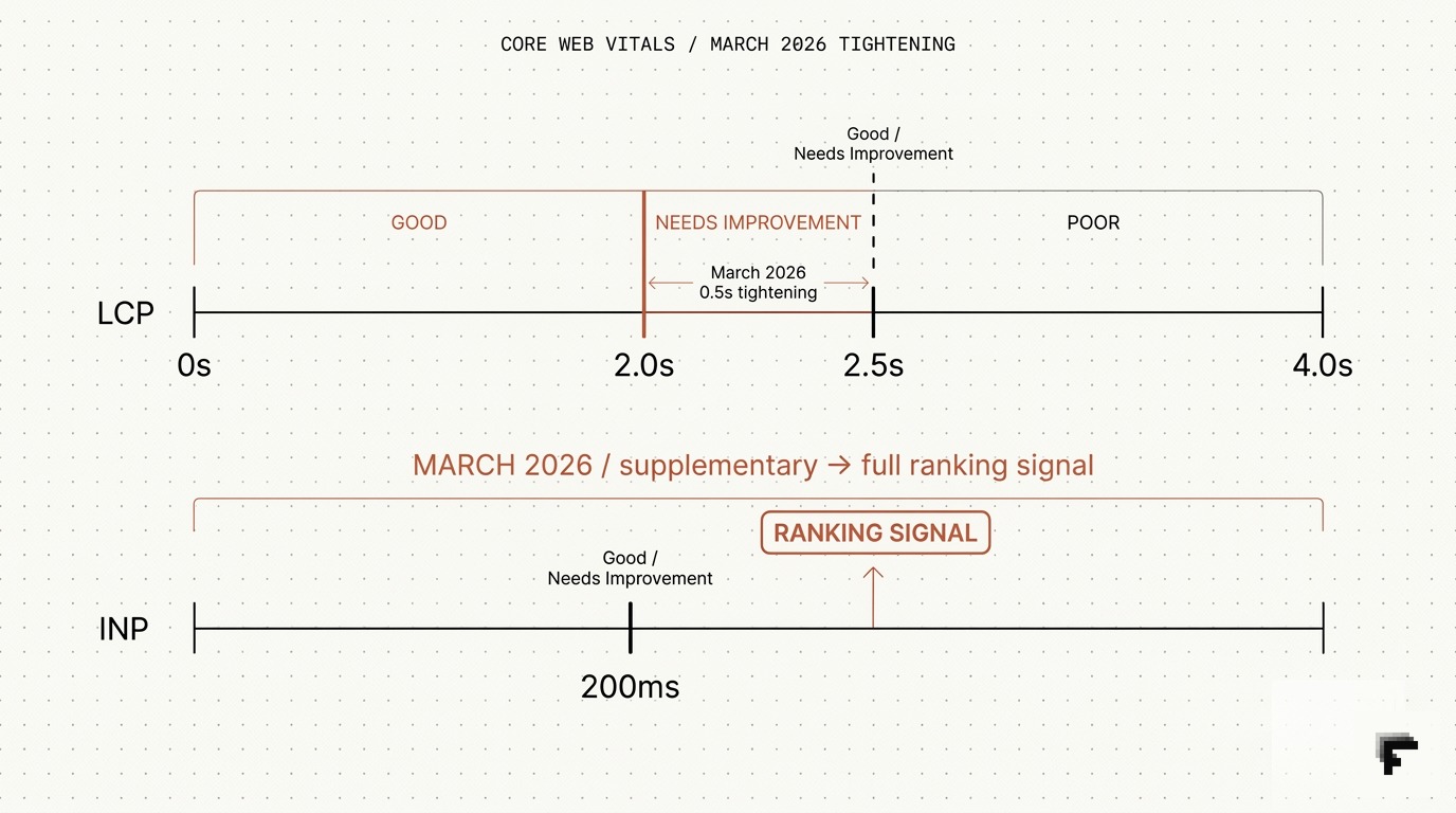 Two horizontal scales showing the March 2026 LCP threshold tightening from 2.5 to 2.0 seconds, and INP moving from supplementary to a full ranking signal.
