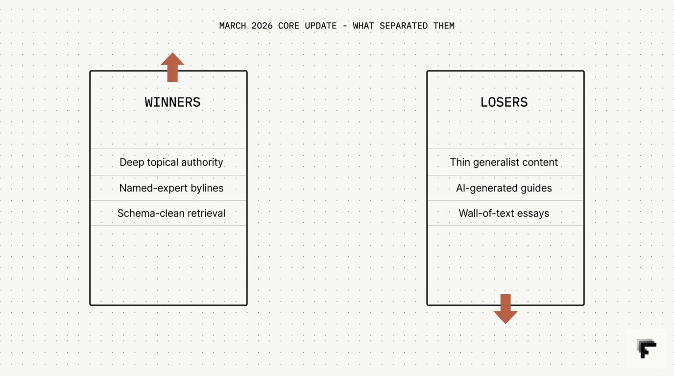 Two-column diagram contrasting March 2026 core update winners (deep authority, named bylines, schema-clean) versus losers (thin content, AI-generated, wall-of-text).