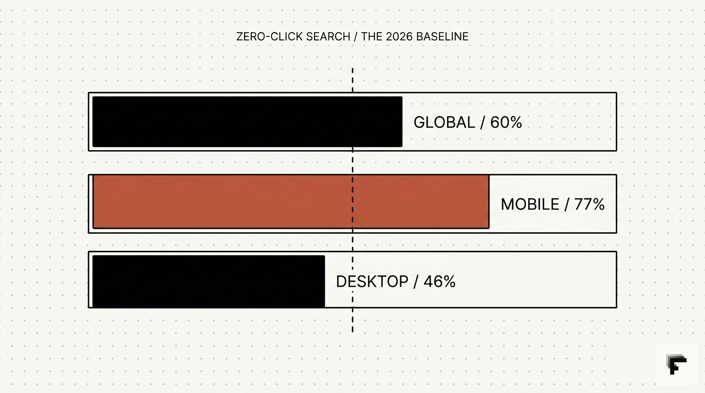 Three horizontal bars comparing zero-click search rates: 60% global, 77% mobile, 46% desktop. Mobile-first behaviour drives the gap.